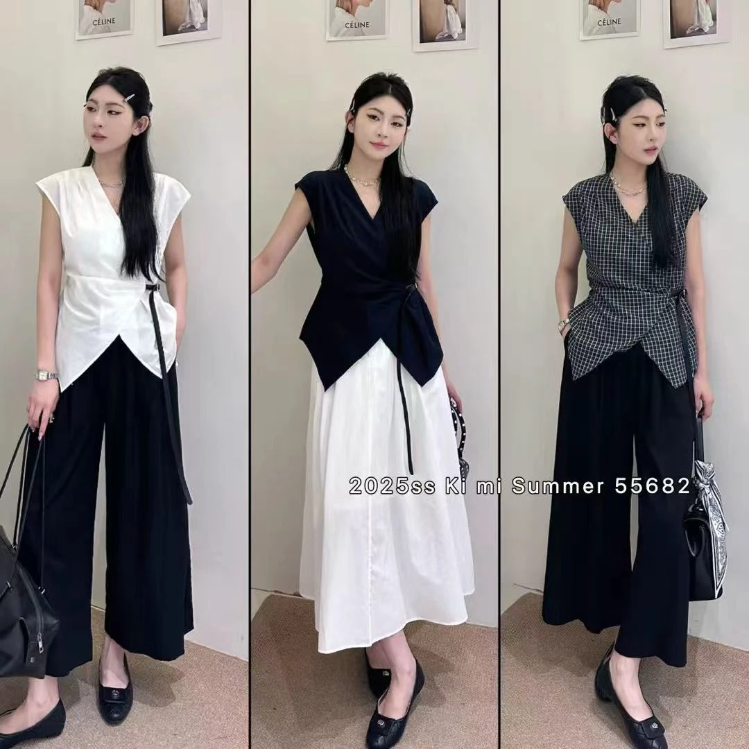 【丽鑫】55682腰带V领格子衬衫