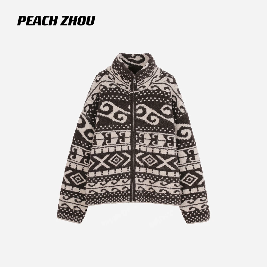 『PEACHZHOU』羊毛混纺费尔岛提花宽松立领拉链外套复古休闲夹克