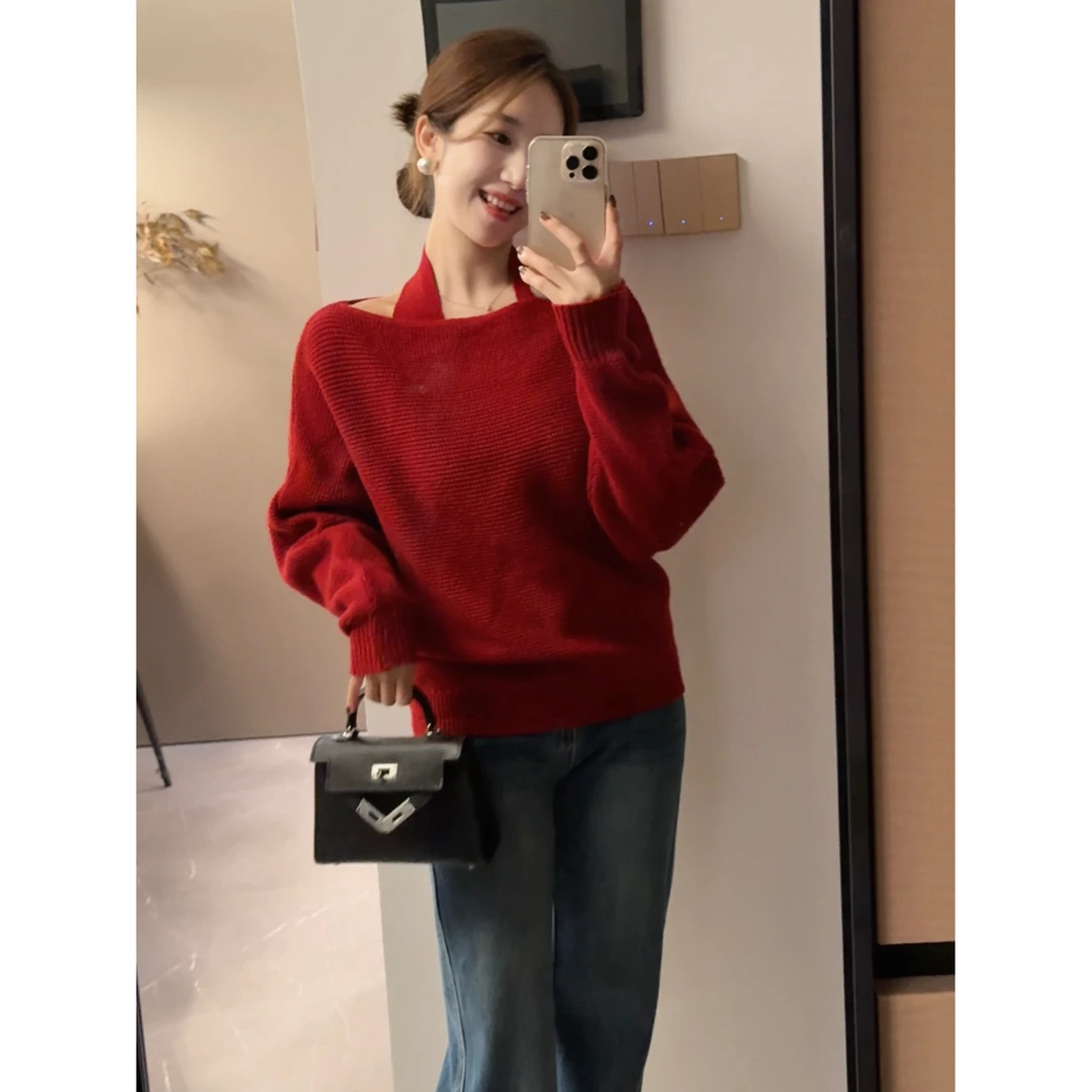 【感觉至上】气质挂脖+罩衫两件套华夫格纹理秋冬针织衫毛衣