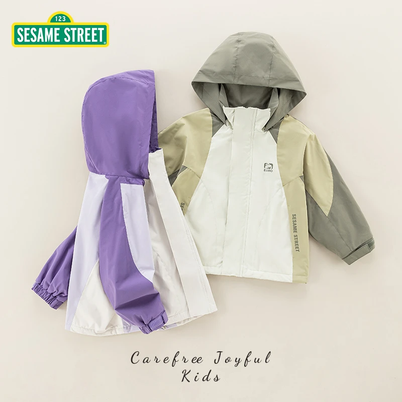 【ZB】芝麻街春季新款儿童连帽加绒相拼撞色外套ZMCC005