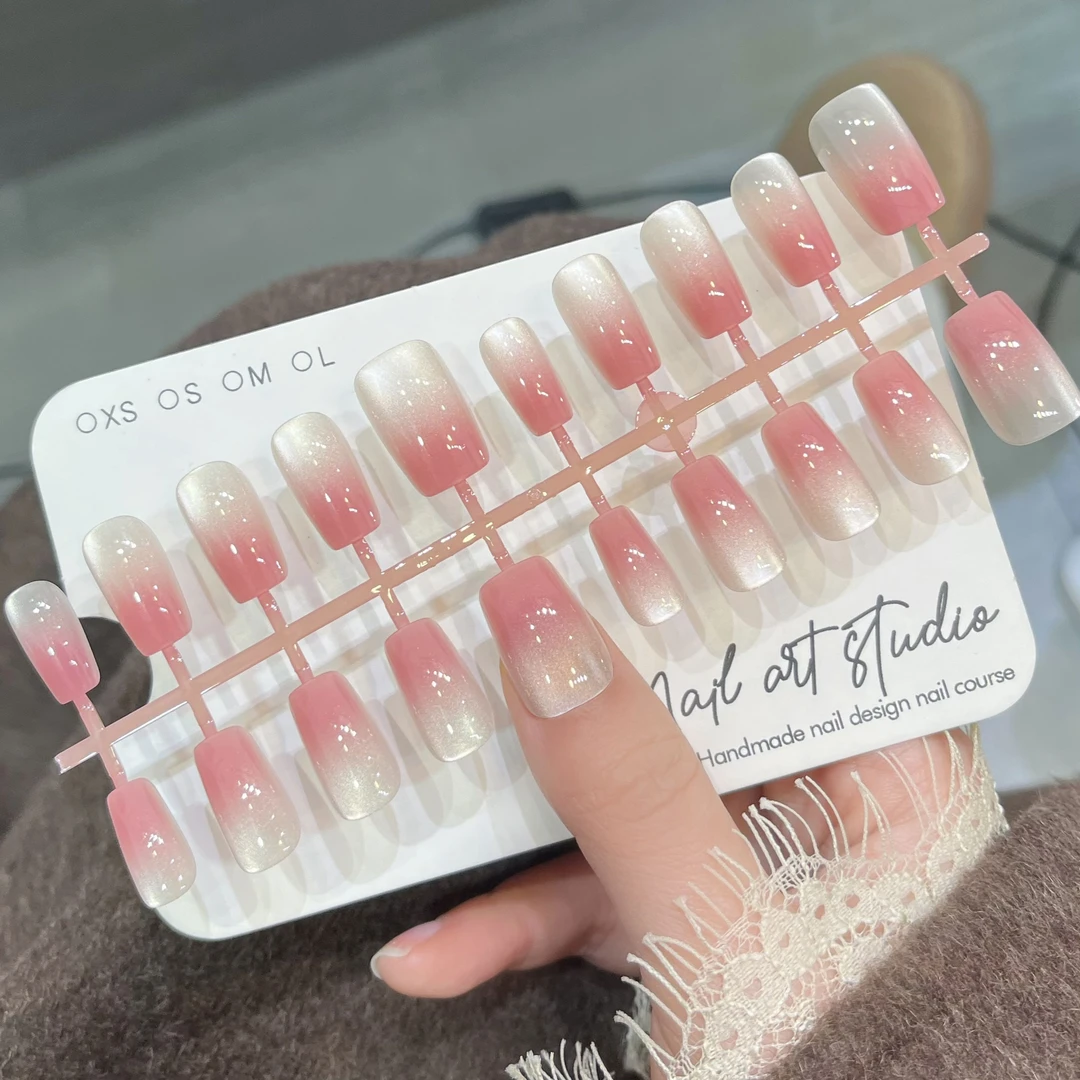 蜜桃春穿戴甲春季粉色猫眼美甲半手工成品穿戴甲