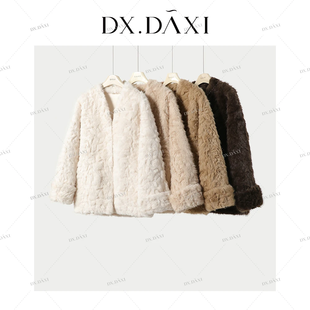 DX.DAXI【冰岛雪林】韩版环保毛毛外套中长款小个子V领保暖厚款