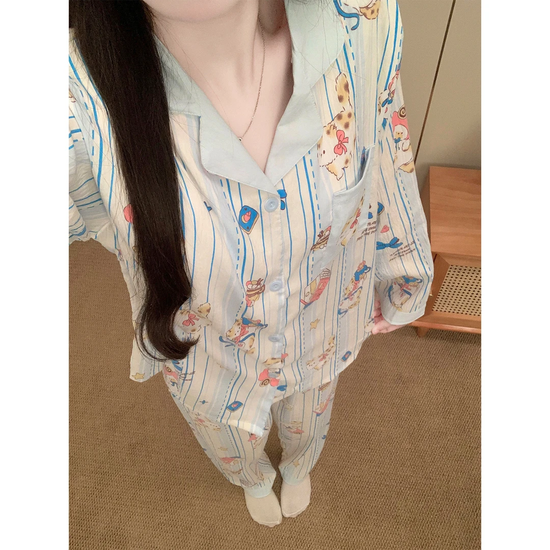 带胸垫睡衣女春秋款可爱卡通条纹长袖长裤2025新款冬季外穿家居服