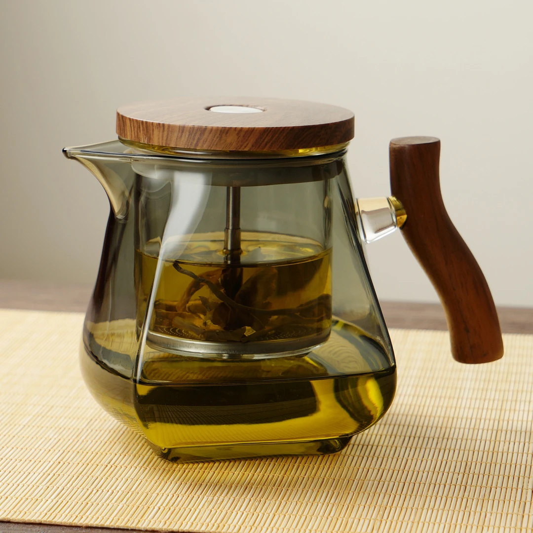 玻璃泡茶壶家用按压一键茶水分离飘逸壶胡桃木把2025新款茶具套装