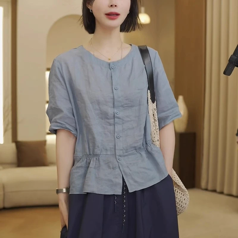 复古衬衫女2025夏季新款洋气减龄遮肚子显瘦小衫圆领小众宽松上衣