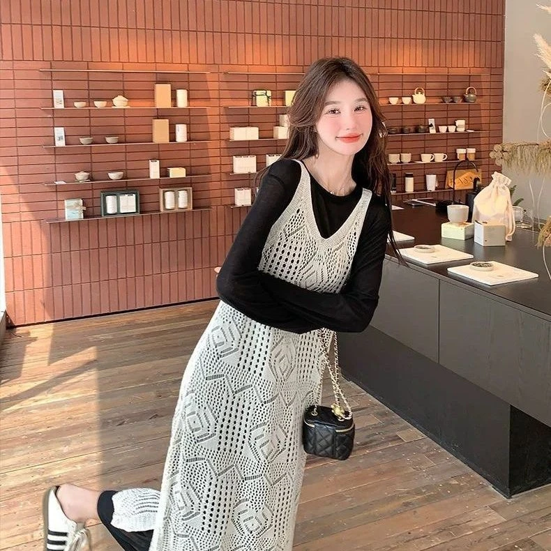 韩系复古优雅连衣裙时尚女春夏2025新款设计感叠穿镂空罩裙吊带裙