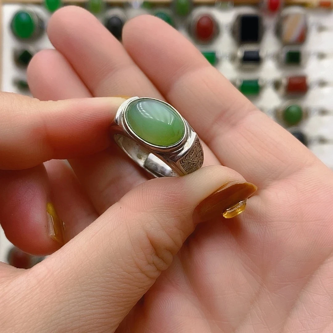 和田玉碧玉猫眼蛋面祥云马鞍戒男戒银925镶嵌开口戒
