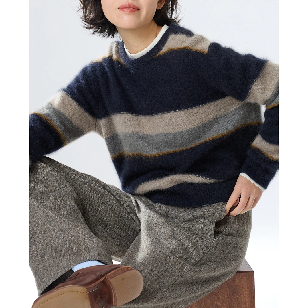 WeTHEE |杏识高配比鹤绒文艺复古知识分子风长绒毛拉绒条纹毛衣冬