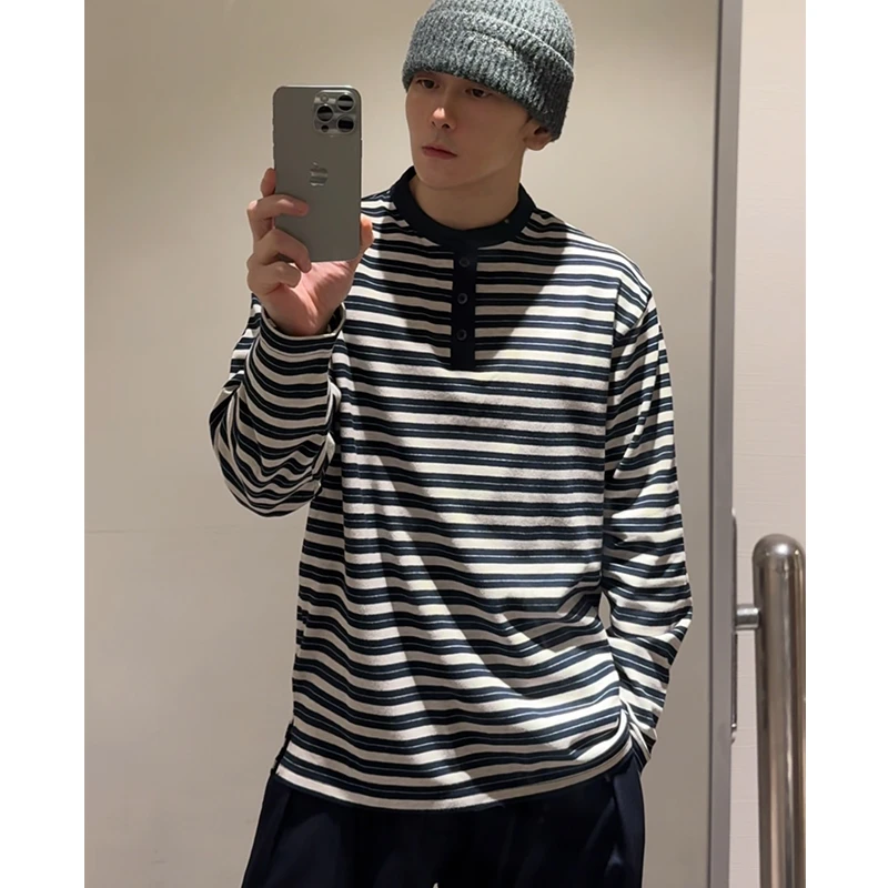 MBH | STRIPED蓝调慵懒亨利领条纹撞色罗纹舒适简约宽松长袖T恤