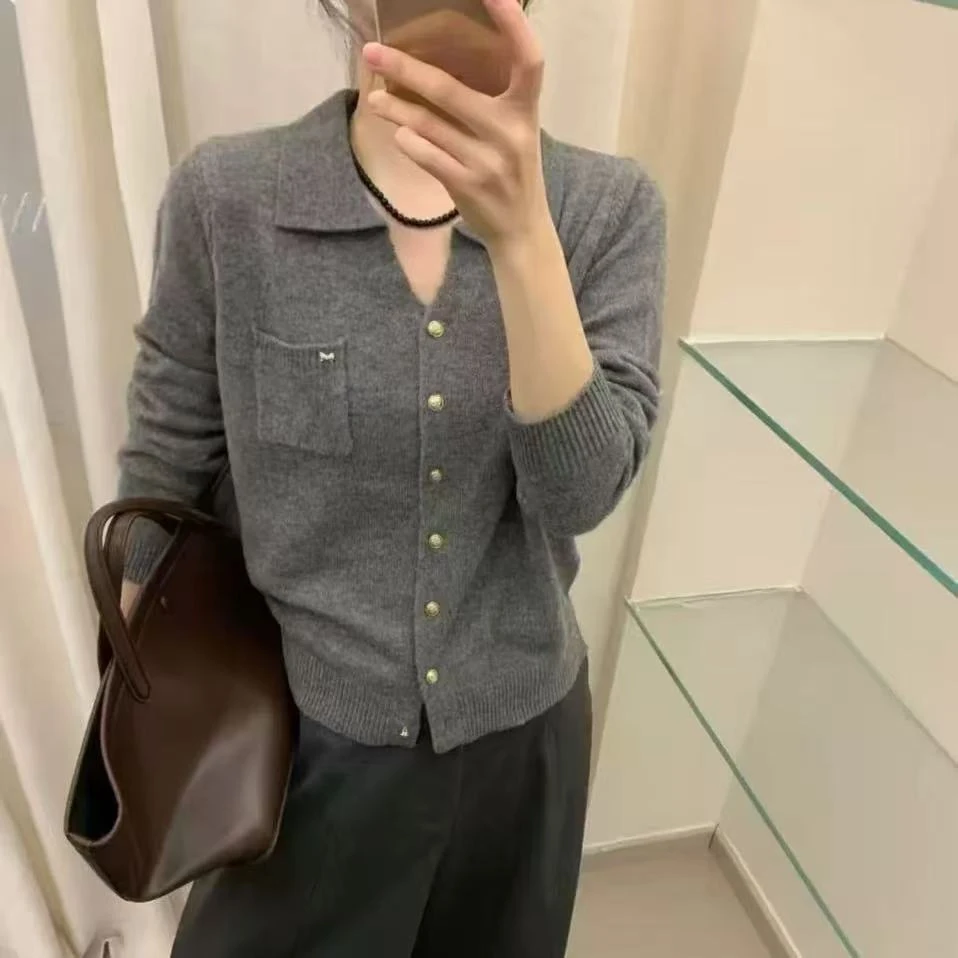2258033-3602 秋季长袖针v领小翻领针织衫开衫