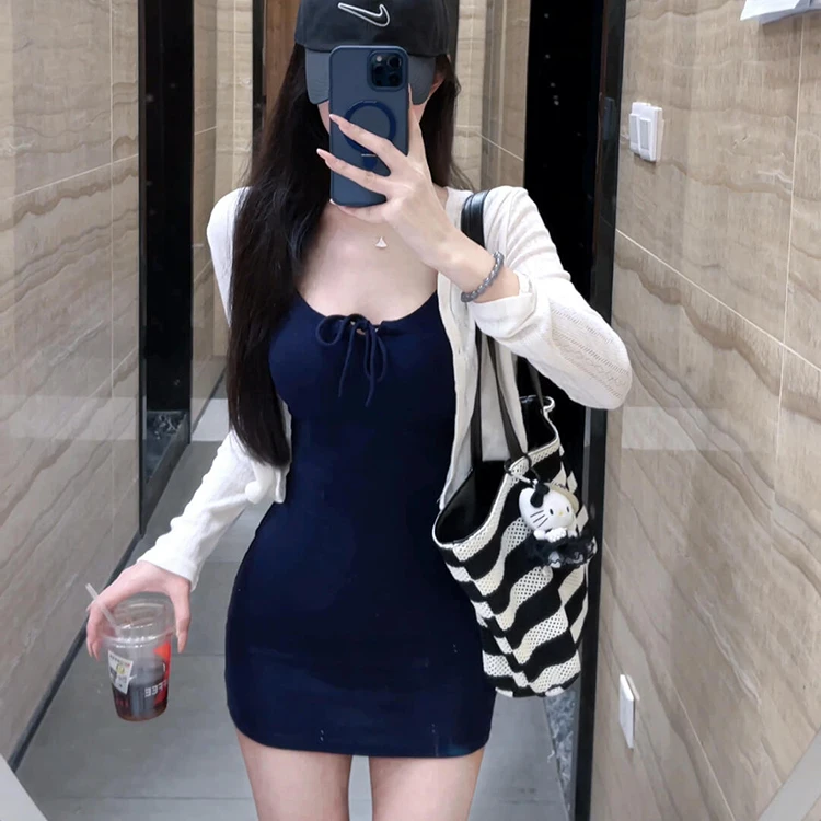 辣妹纯欲风无袖吊带连衣裙子女2025夏季收腰紧身包臀a字短裙套装