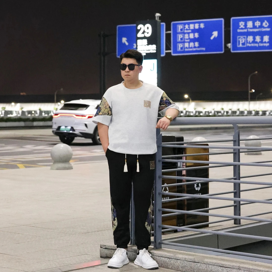 夏季款中国风短袖体恤男士大码潮流宽松加肥刺绣套头T恤衫HT24205