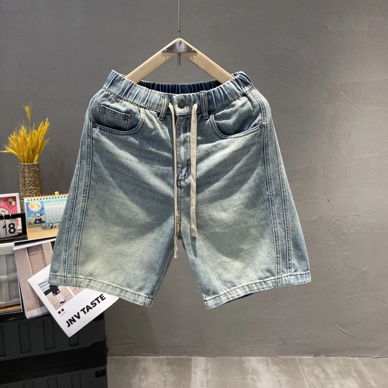 2025夏季新款美式休闲痞帅水洗牛仔短裤男宽松抽绳百搭五分裤