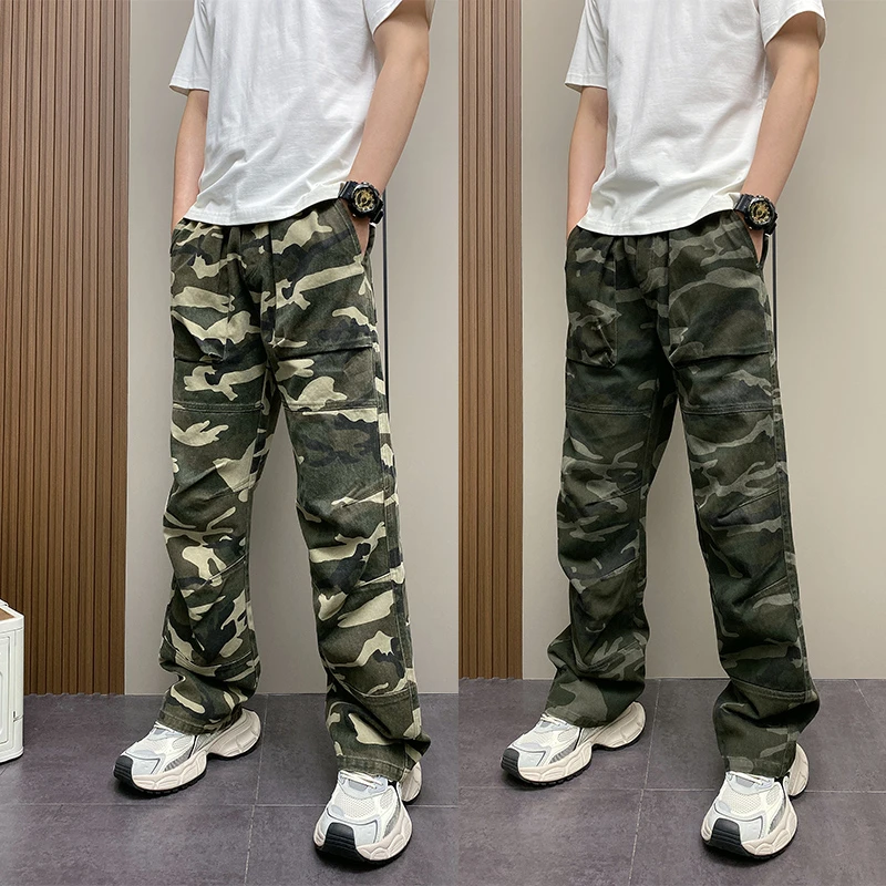 春夏美式复古迷彩工装裤男士宽松直筒阔腿户外运动长裤潮流弯刀裤