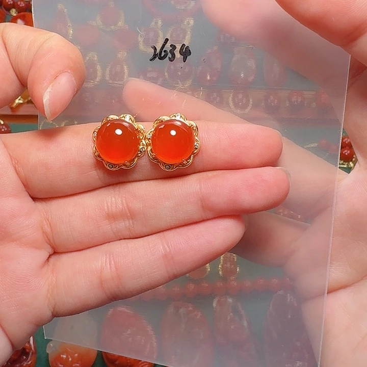 南红玛瑙银S925镶嵌耳饰