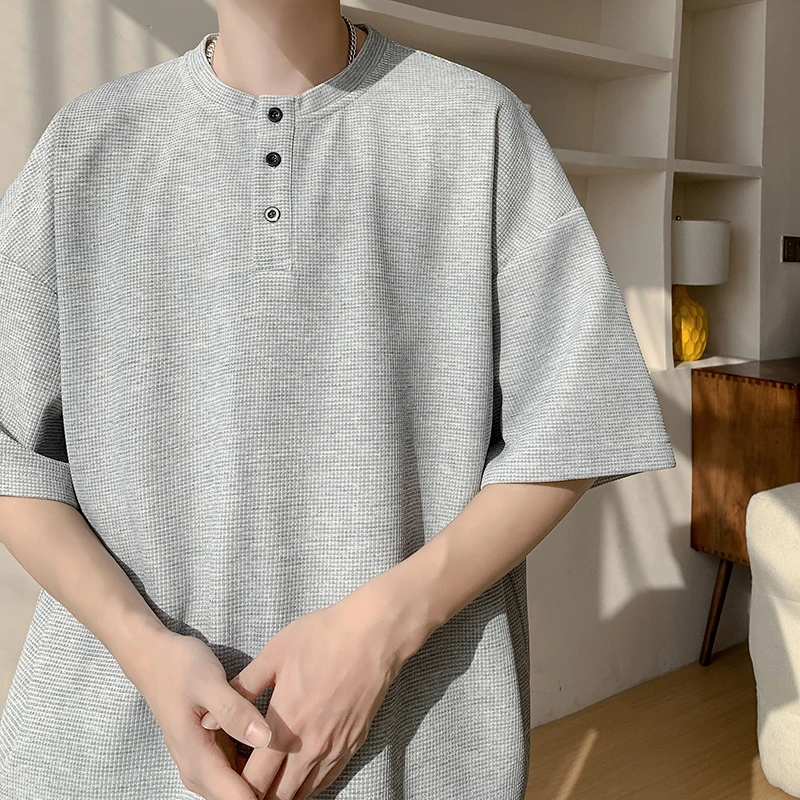 V/雅鹿夏季痞帅V领华夫格肌理感宽男士秋季宽秋季休闲宽松上衣T恤