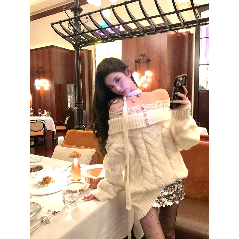 温柔风套装一字领针织毛衣女冬季亮片半身裙包臀裙两件套