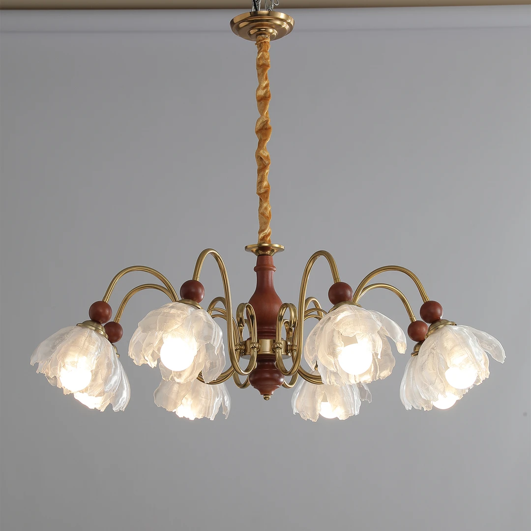 花朵吊灯法式中古风大厅主灯2025新款胡桃木色花瓣创意设计客厅灯