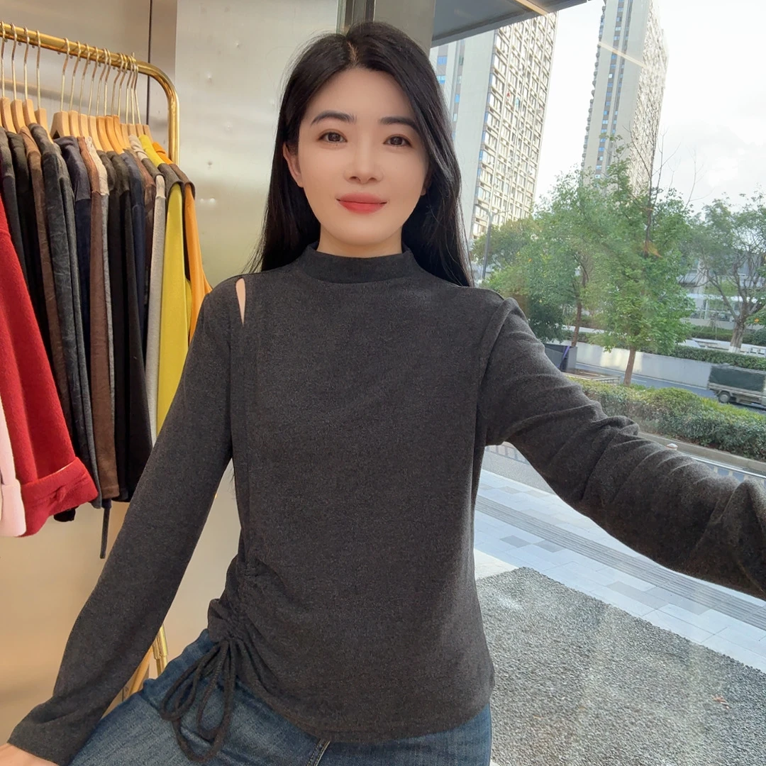 253875 加绒德绒 露肩收腰显瘦系带纯色打底衫洋气长袖