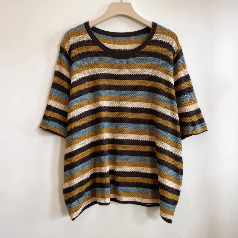 中年妈妈装年轻显瘦遮肉休闲拼色夏季短袖针织衫2025新款YX105381