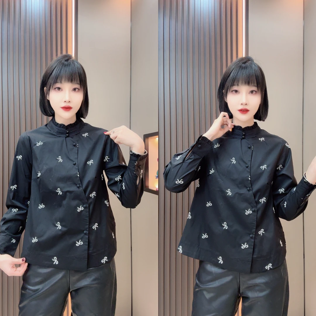 敏宝＋9080新中式国风刺绣蝴蝶结盘扣立领气质感长袖衬衫