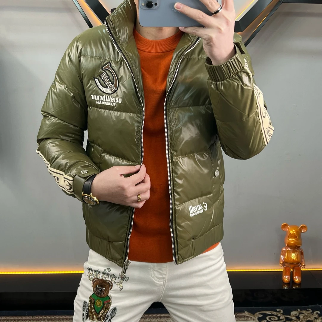 欧货高端冬季90白鸭绒立领羽绒服男修身刺绣亮面保暖休闲百搭外套