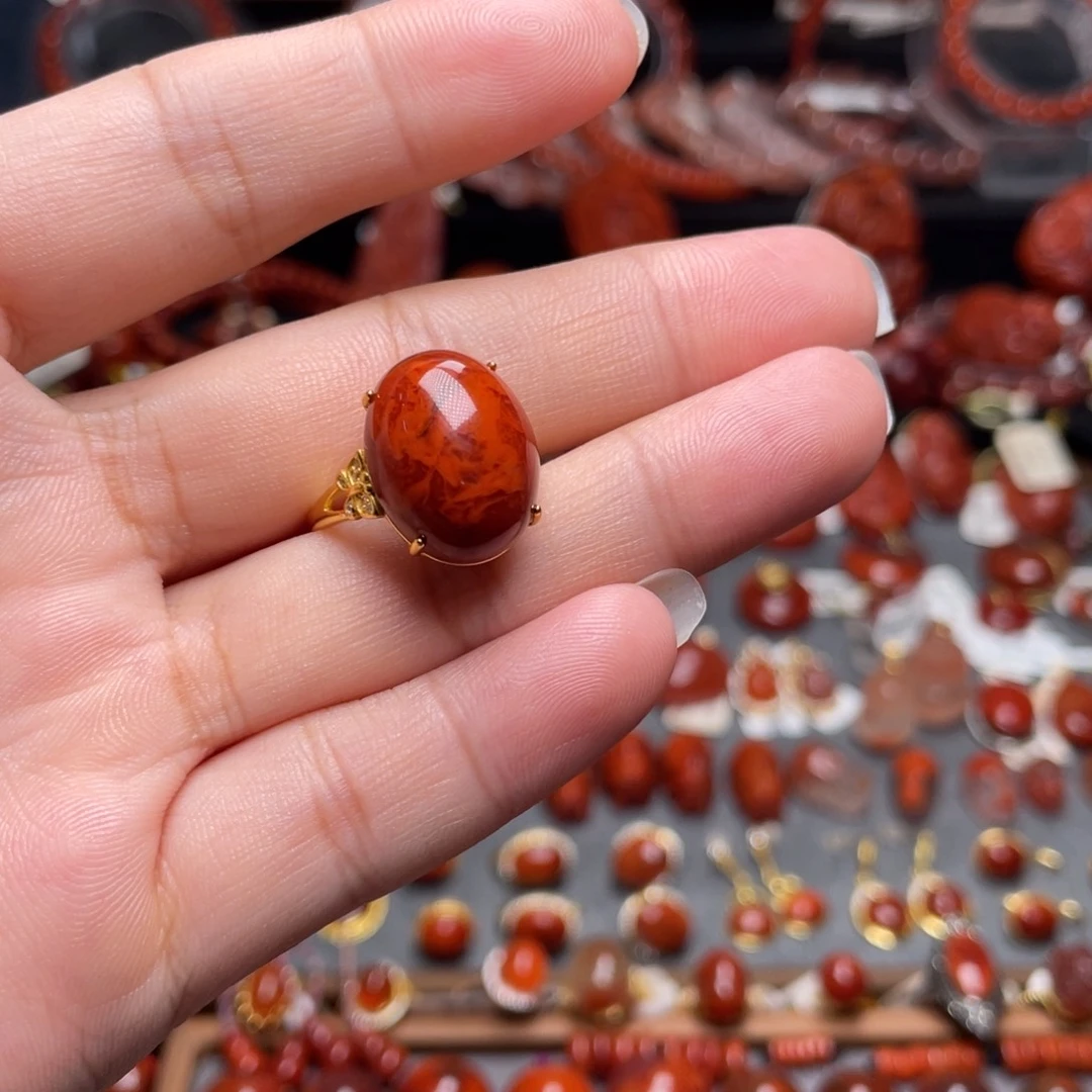 心***南红玛瑙银S925镶嵌戒指