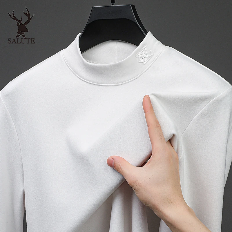 立领T恤男保暖加厚德绒秋冬内搭男士长袖秋衣白色半高领打底衫男