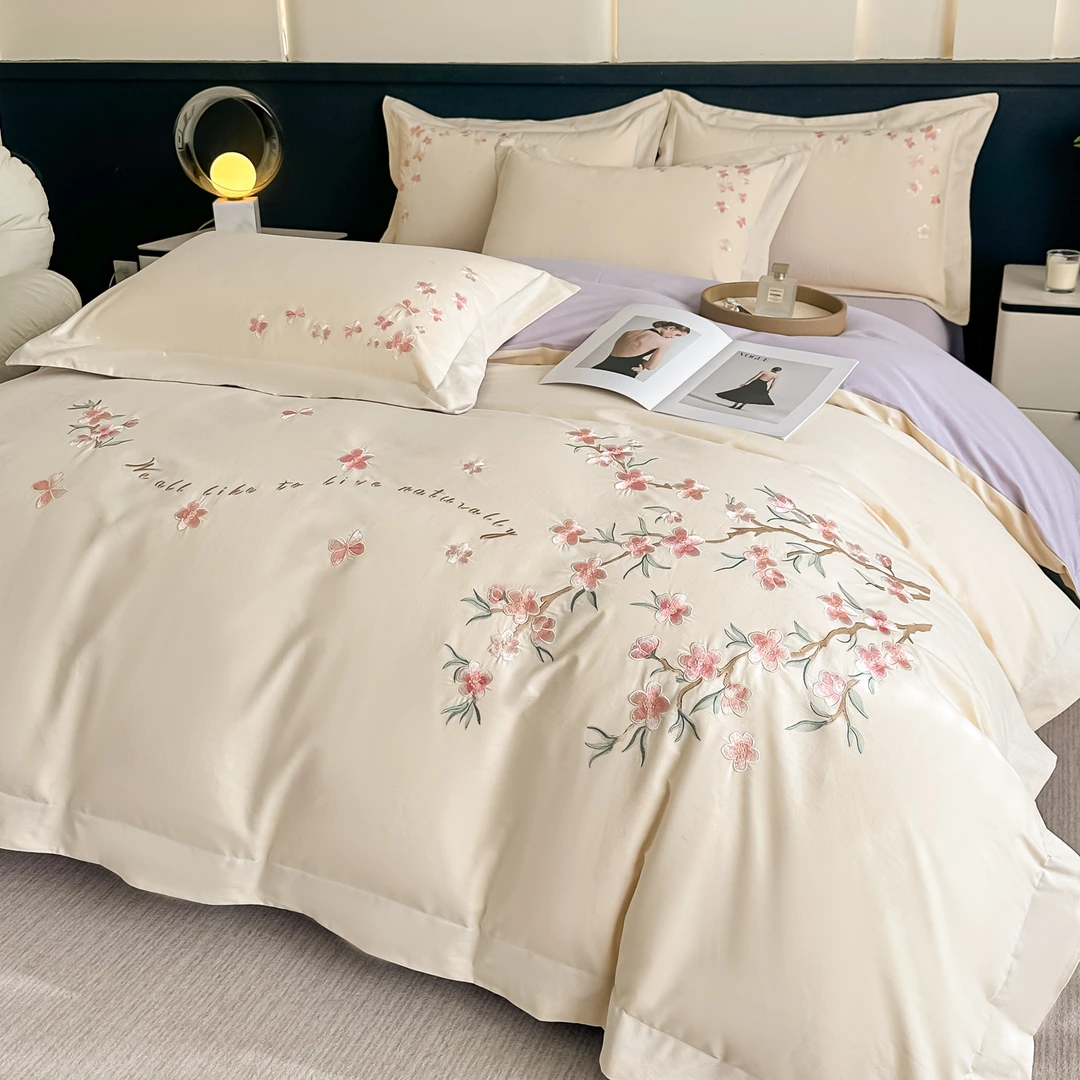 全棉床上用品四件套纯棉长绒棉加厚轻奢刺绣亲肤磨毛双人被套床单