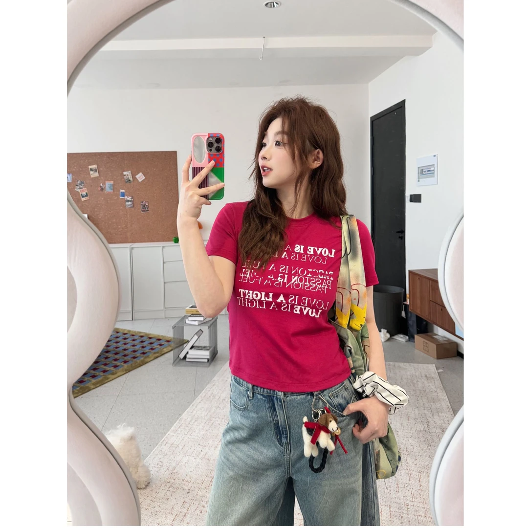 晶咕【字母留言板】胸前字母美式正肩短袖修身显瘦T恤上衣