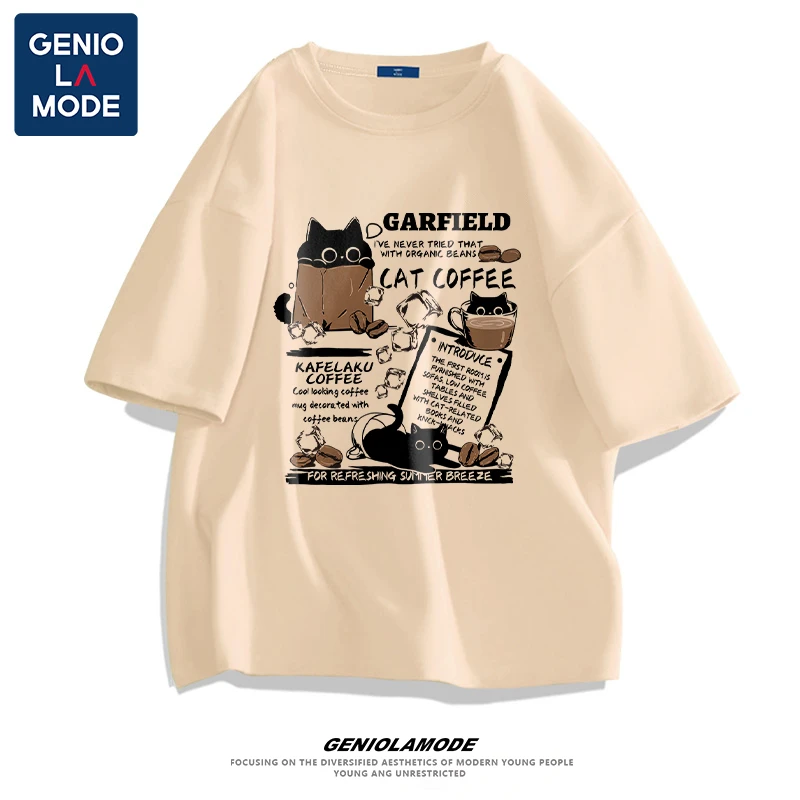 GENIOLAMODE纯棉短袖男春夏季中性风猫咪印花重磅男女同款潮流t恤