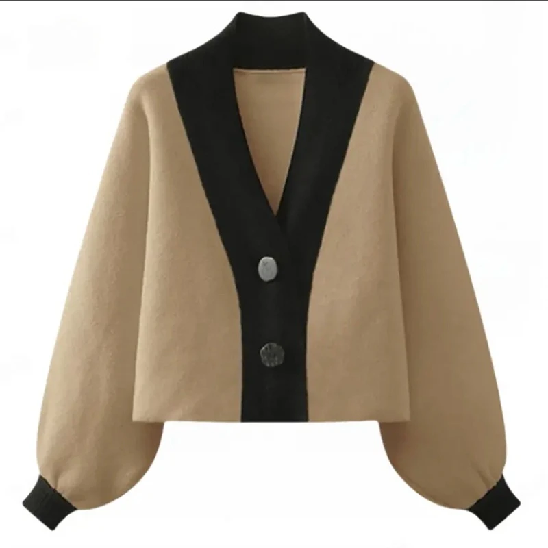 秋冬季新款拼色V领针织衫女上衣2025时尚百搭开衫简约宽松短外套