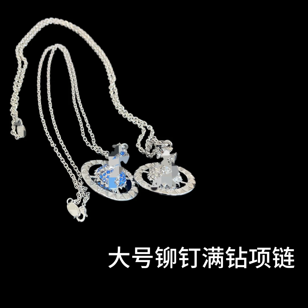 钛钢合成锆石项链 大号长款满钻铆钉土星项链