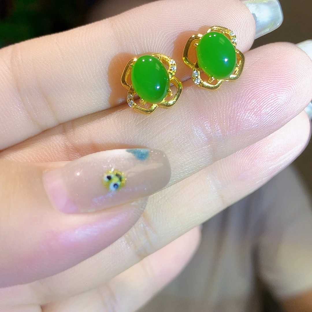 和田玉（碧玉）银S925镀金镶嵌耳饰