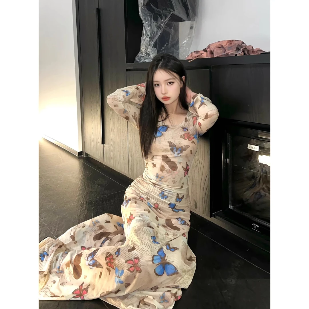辣妹复古蝴蝶印花长袖连衣裙女抽褶收腰性感修身气质包臀网纱长裙
