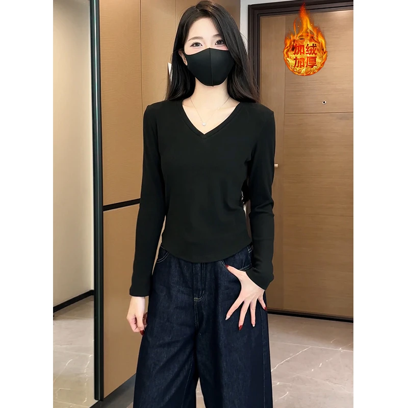 25新款V领打底衫女秋冬加厚双面绒白色V领长袖内搭显瘦百搭洋气