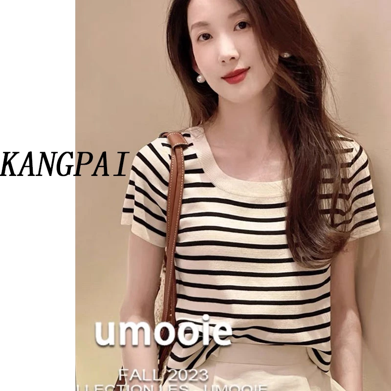 【蓝莓专属】夏季新款莱赛尔天丝短袖休闲时尚女薄款宽松条纹U领T恤