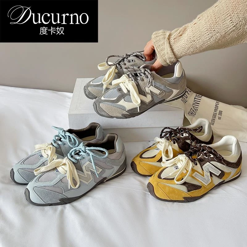 DUCURNO女鞋真皮内增高N字德训鞋子网面透气休闲运动鞋百搭女鞋子