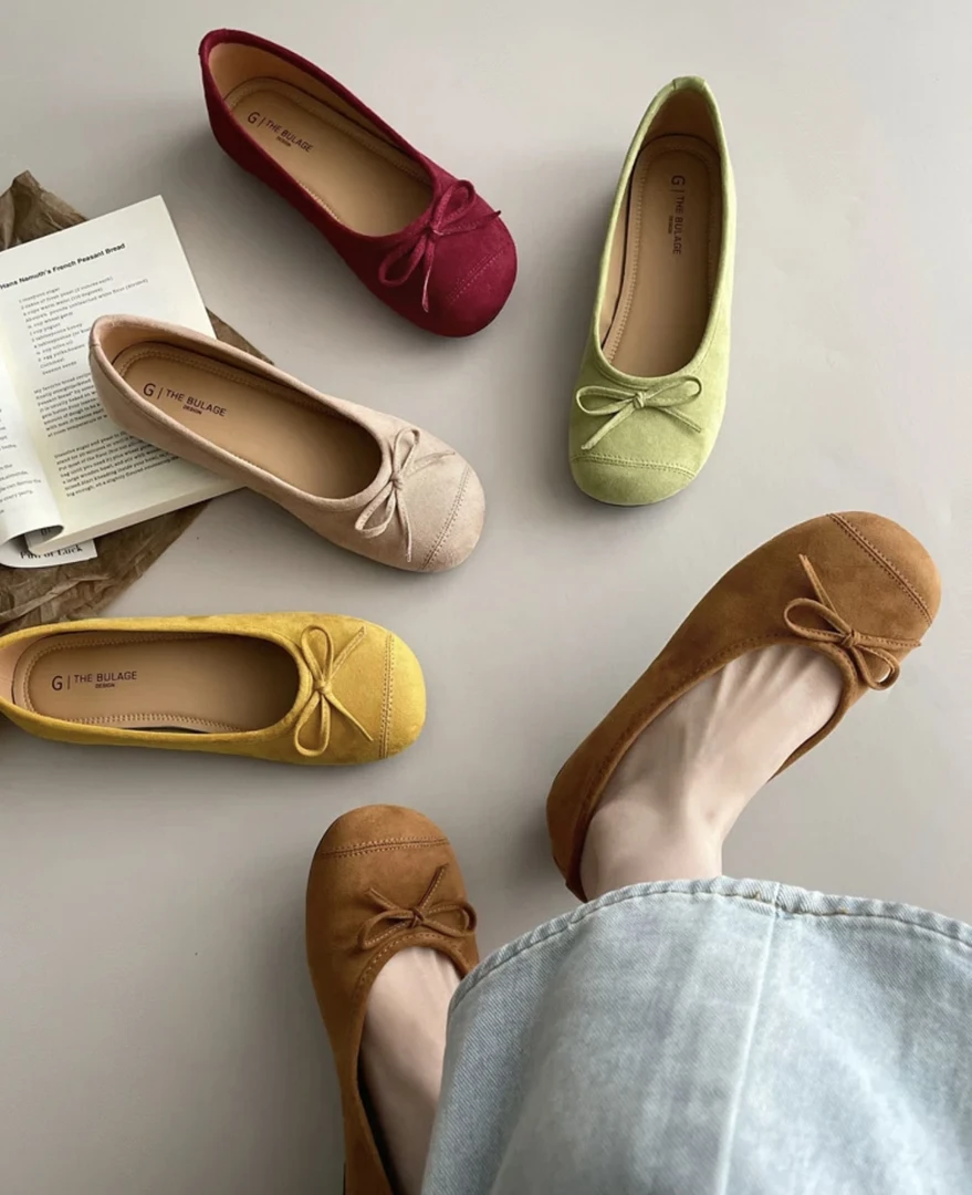 春季绒面蝴蝶结芭蕾舞鞋女2024春季新款温柔一脚蹬平底单鞋1126-1