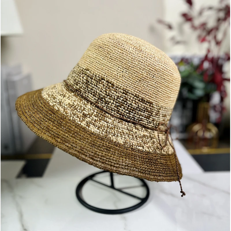 【西影】外贸出口马达加斯加混色纯手勾拉菲草大帽檐渔夫帽