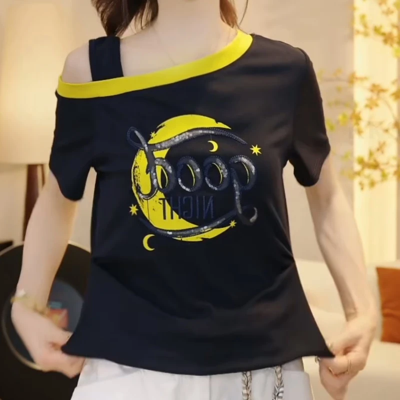 『氛围日记』夏季撞色假两件斜肩领时尚百搭短袖T恤上衣女LK2504079