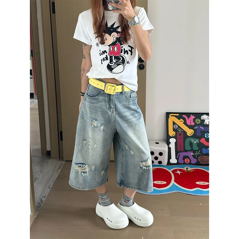 美式街头风破洞设计宽松水洗阔腿裤女2025春夏高腰显瘦七分牛仔裤