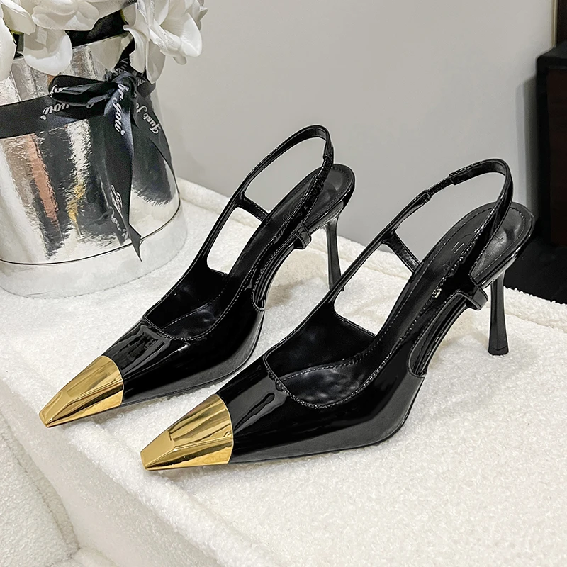 金属小方头2025春新款性感后空凉鞋女黑色漆皮细跟侧空铁头高跟鞋