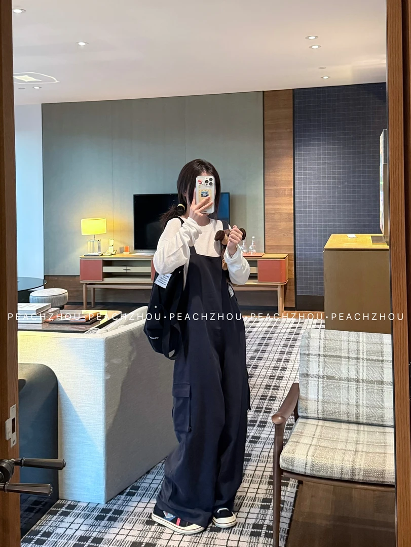 『PEACHZHOU』天丝棉麻洗水工装口袋宽松阔腿背带裤美式休闲连体裤