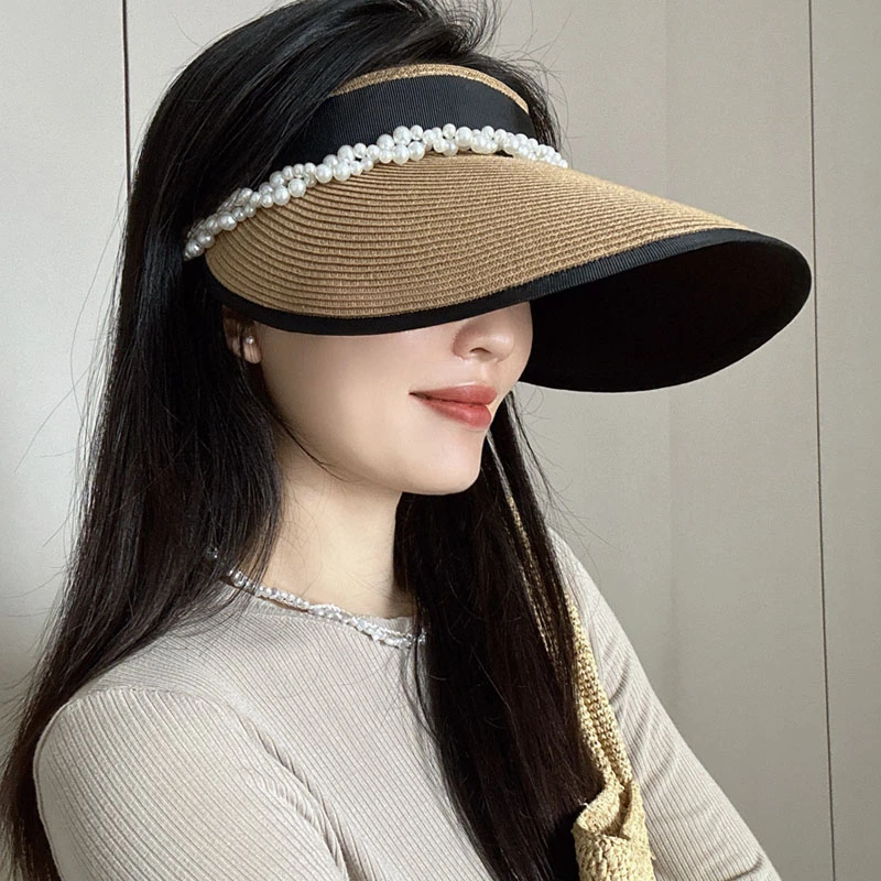 日本UV防晒高级防紫外线草帽空顶帽发箍帽加细草编遮阳帽夏季帽子