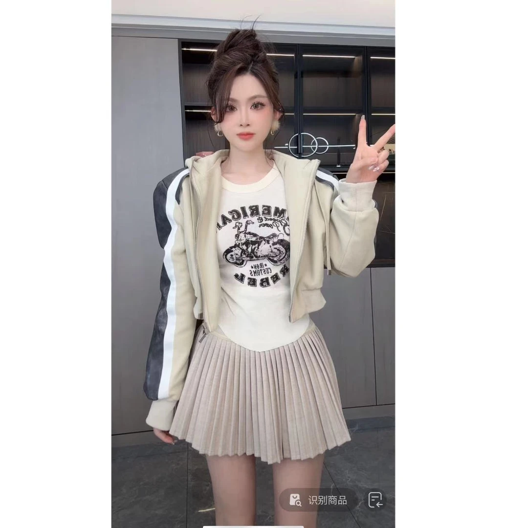 睿夕【落日秋语】撞色设计感拼皮连帽外套