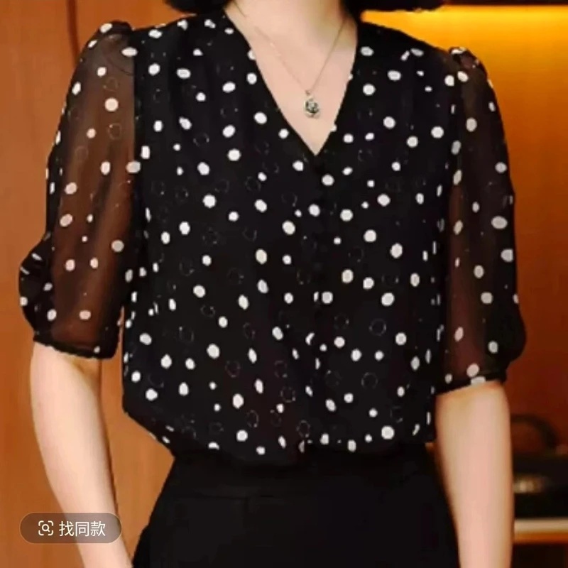 梦幻波点-新款上衣百搭时尚气质v领印花洋气经典高级衬衫黑色衬衣