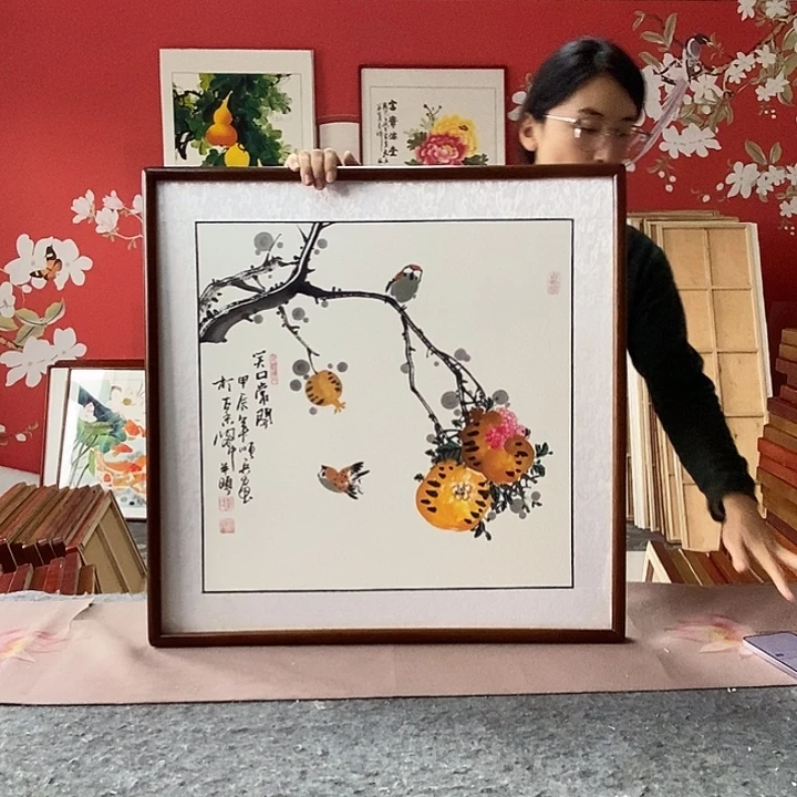 国画手写手绘带框包邮国画作品62✖️62