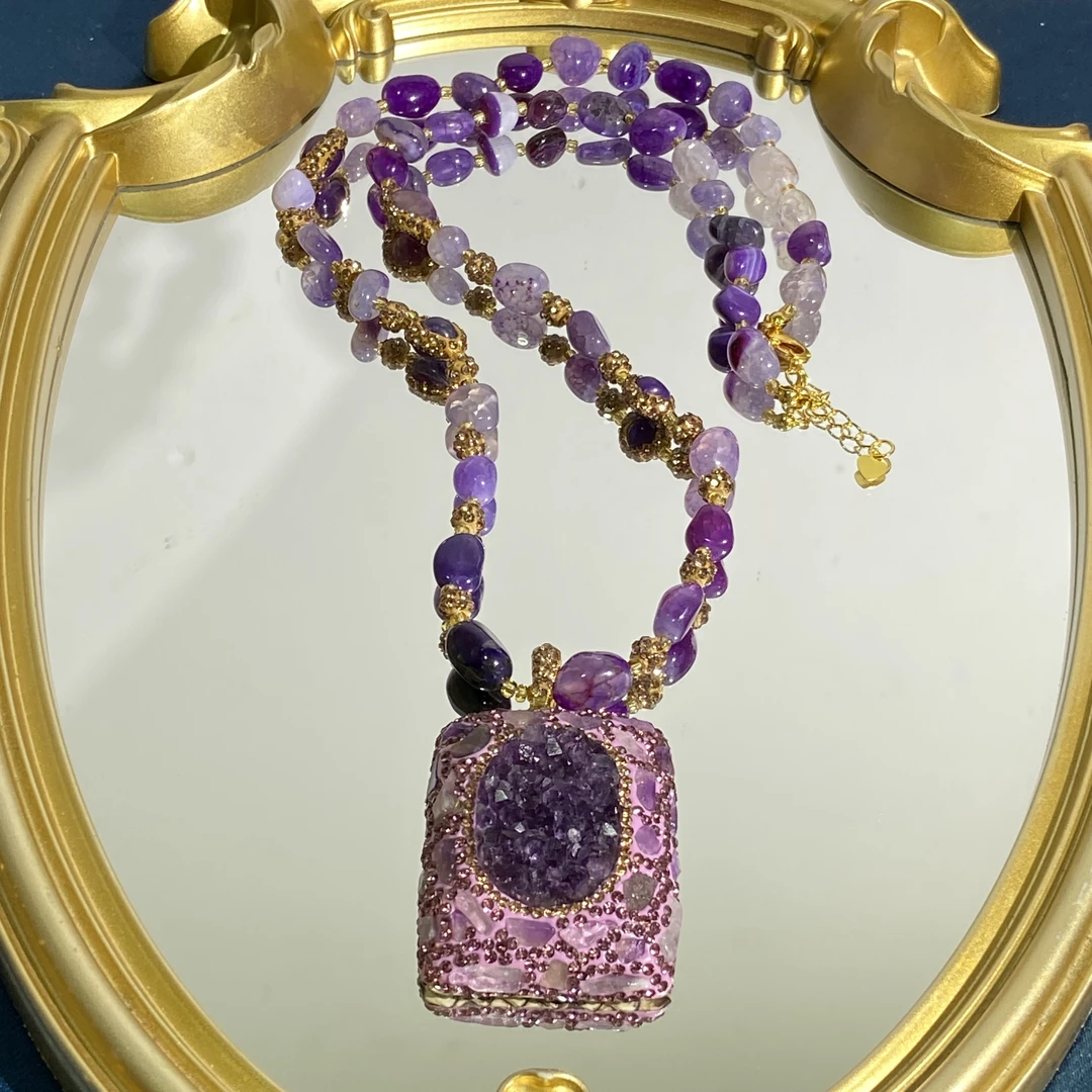 铜合金合成锆石项链 TTSD 紫色方形气质百搭个性毛衣链 1156