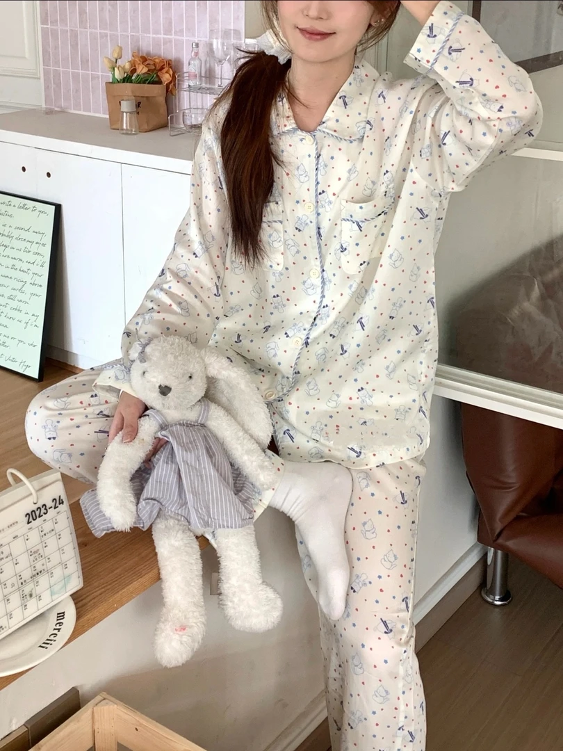 【波点小猫天丝款】春款潮牌外穿天丝长袖居家服睡衣套装